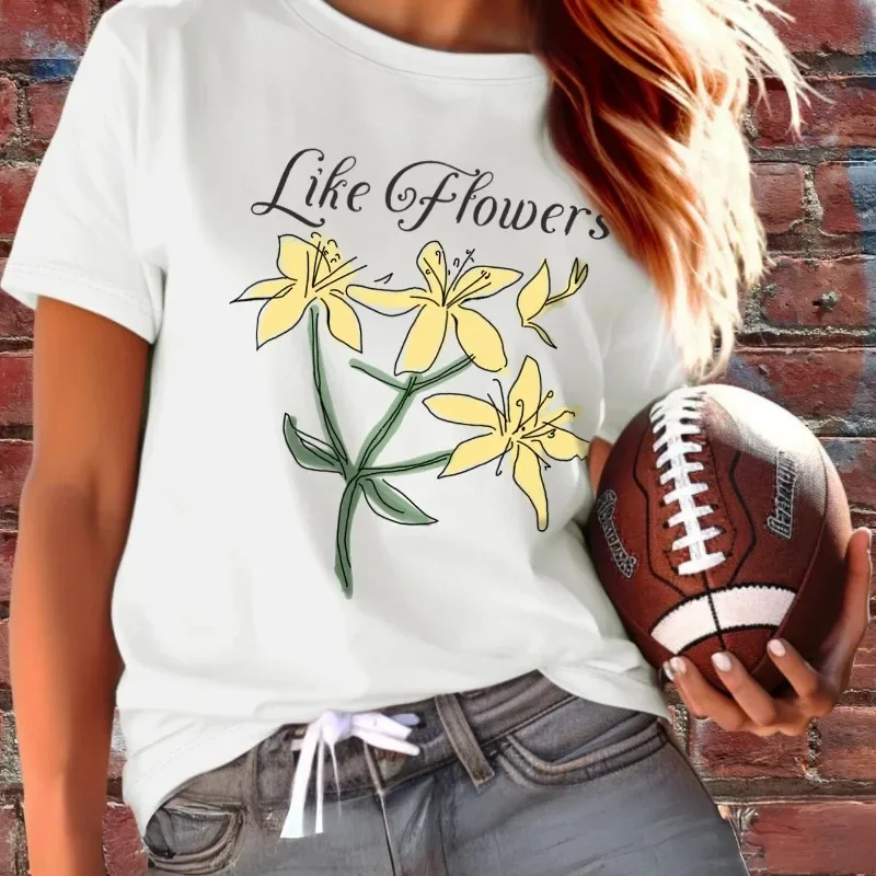 Retro Yellow Floral Print Women T-Shirt Crew Neck Short Sleeve Casual Top Summer and Spring Lovely Graphic Women Clothing