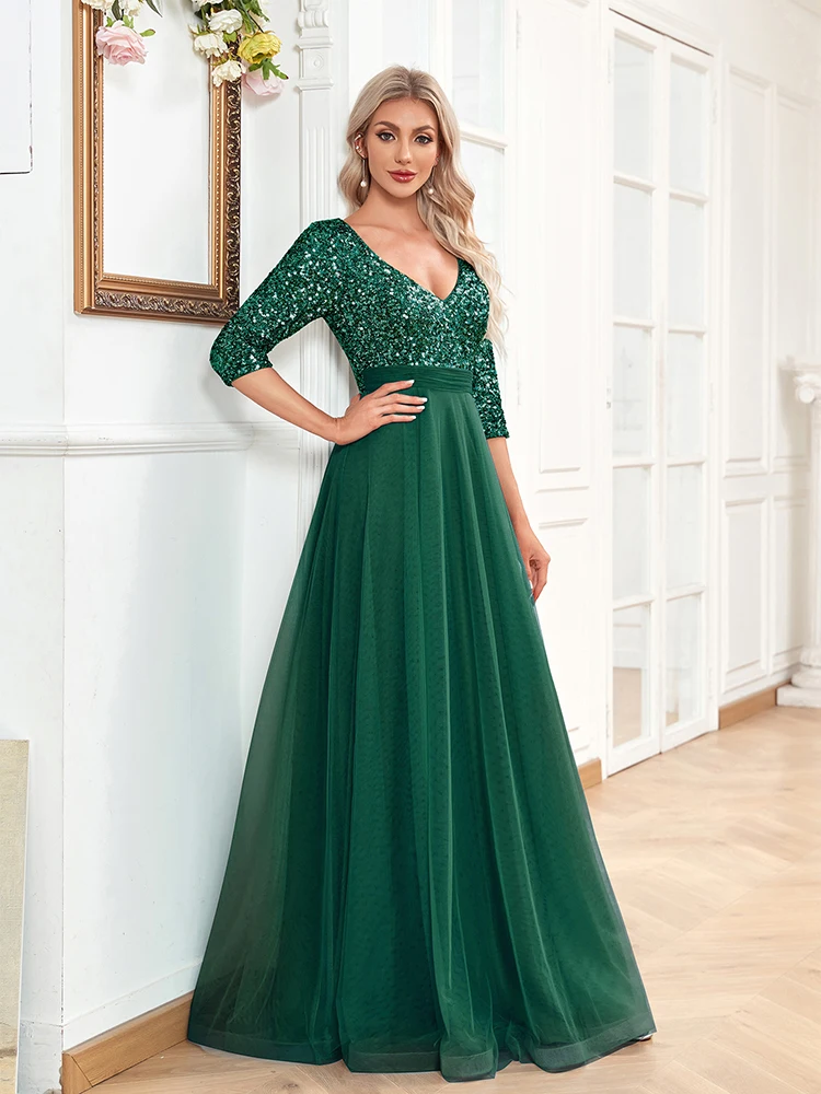 

Luxury Green Floor Length V-Neck Tulle Splicing Evening Dress Women Elegant Party Maxi Sequins Short Sleeves Cocktail Gowns