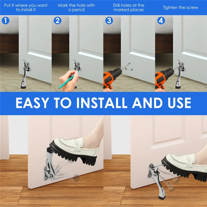 【TODAY-ONLY!】Kickdown Door Stopper Kick Stainless Steel Door Holder Rubber Buffer Mute Duty Adjustable Height For Home Garage