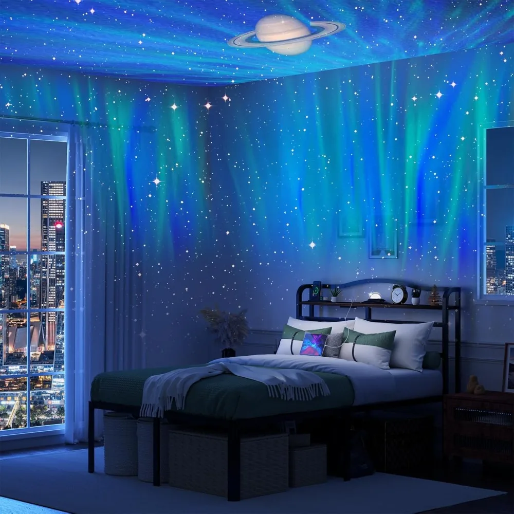 Bingkai tempat tidur Queen dengan Headboard dan lampu proyektor Galaxy Aurora Star 18 inci rangka tempat tidur tinggi ukuran Queen dengan stasiun pengisian