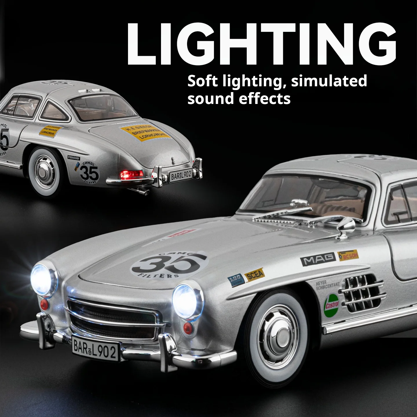 1:18 Mercedes 300SL Striped Edition Alloy Car Model Vintage Classic Sports Car Exquisite Paint Collectible Figurine Pull Back