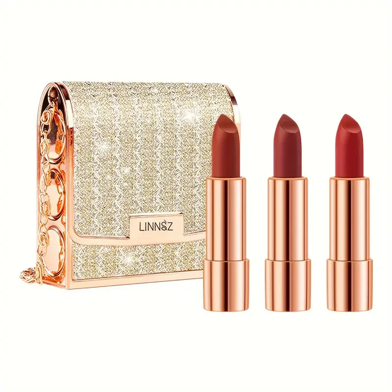 3pcs Velvet Lipstick with Chain Bag Gift Waterproof Non-Stick Long-Lasting Rotating Lipstick Makeup Set for Valentine's Day Gift