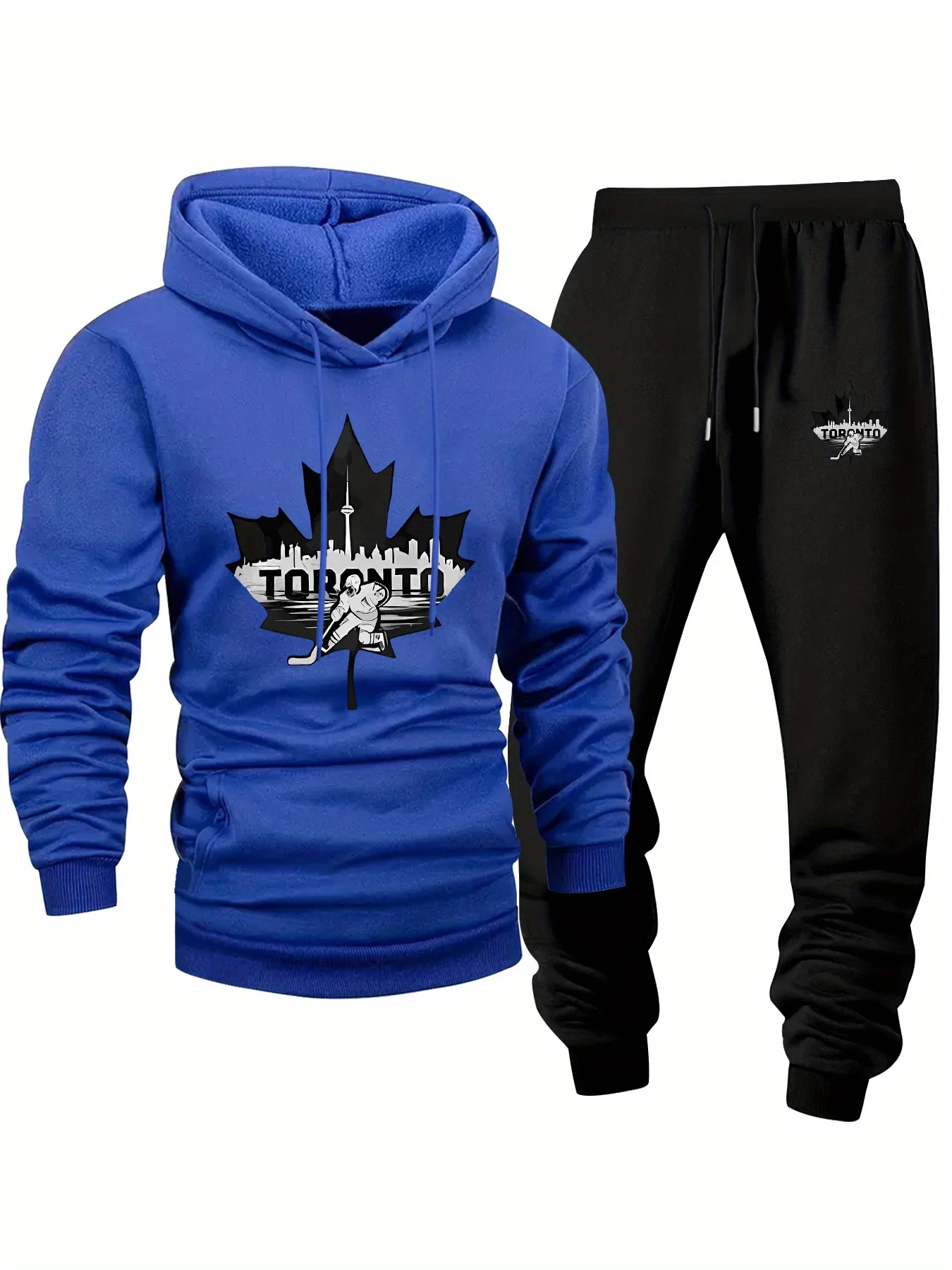 Men's Toronto City Hockey Player Print Hoodie & Drawstring Sweatpants Two‑Piece Set, Comfortable Casual For Sports Outdoor
