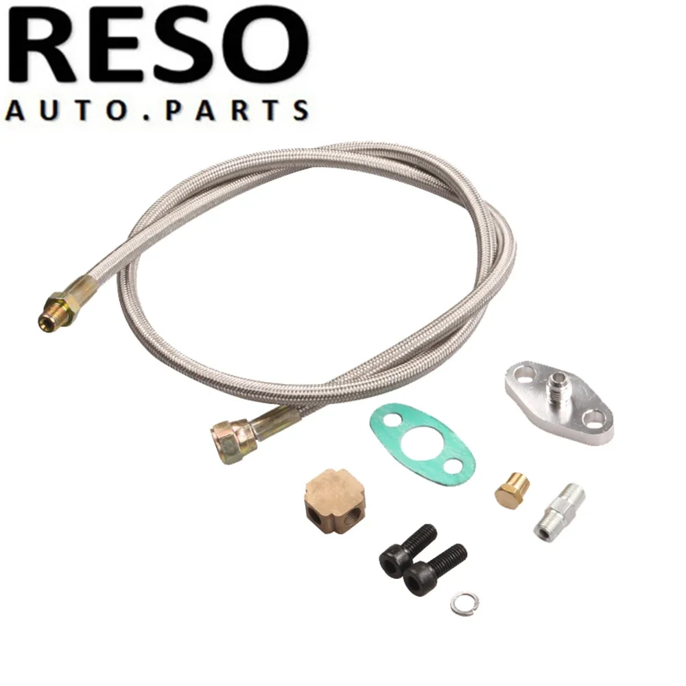 RESO--เทอร์โบชาร์จเจอร์อลูมิเนียม Turbo น้ํามันสาย Inlet ท่อฟีดสําหรับ T3 T4 T7 GT32 GT40 GT42 GT4294R GT4202R น้ํามันท่อระบายน้ําชุด