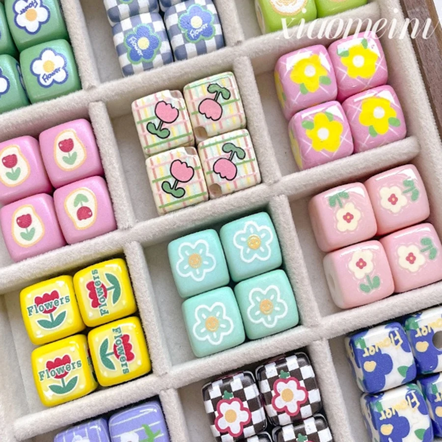 6pcs DIY Handmade Mobile Phone Chain Accessory Beads Checkerboard Pattern Tulip Flower Heart Square Beads