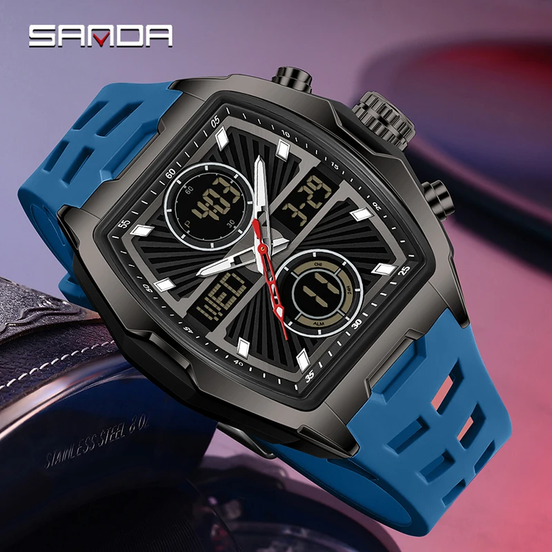 SANDA 6299 электронные кварцевые часы для мужчин, модный Tonneau-образный циферблат, светящиеся водонепроницаемые противоударные спортивные мужские цифровые часы