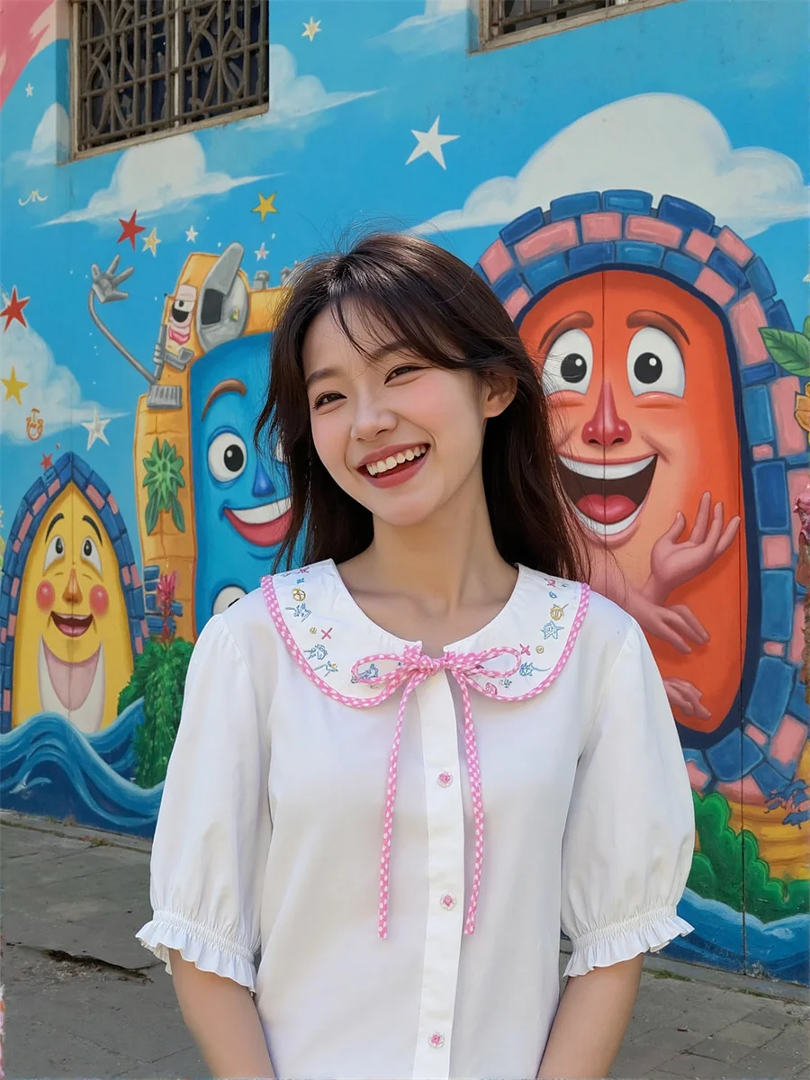 ملابس خارجية نسائية قمصان بيضاء قمصان قصيرة مضيئة نصف كم فانوس طباعة غير رسمية جماليات أزرار أمامية ملابس خروج بقصة ضيقة #2