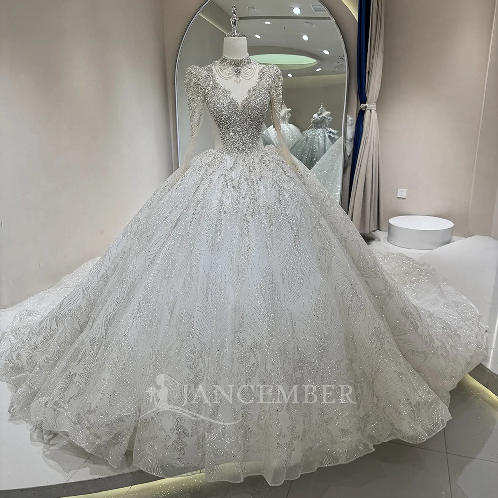Vintage Pearls Wedding Dress O-Neck Long Sleeve Ball Gown Bridal Gown Princess Ball Bride Dress Customized robe de mariée