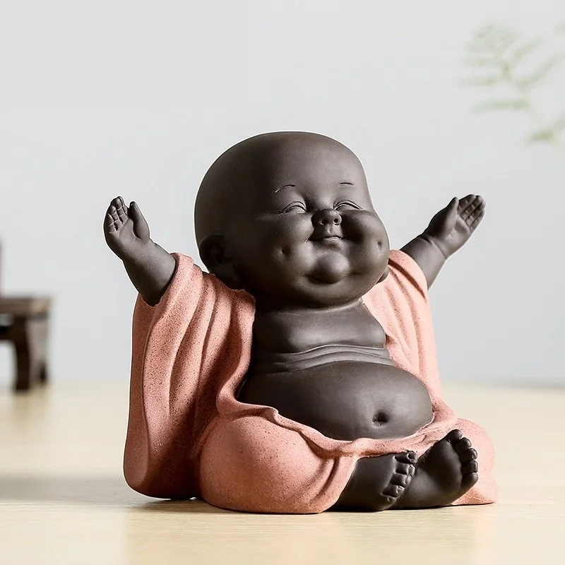 Lifelike Purple Clay Buddha Maitreya Miniature Desktop Ceramics Smile Figure Buddhism Ornament Home Decor Accessories