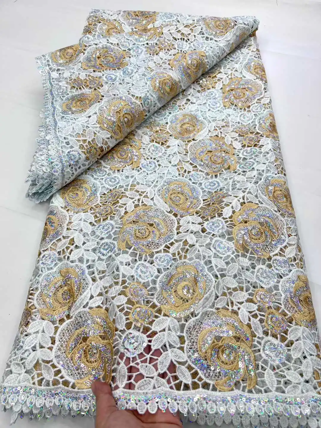 

2025 African Wedding Lace Fabric High Quality Cord Lace Fabric Sequined Guipure Lace Fabric for Bride Dress
