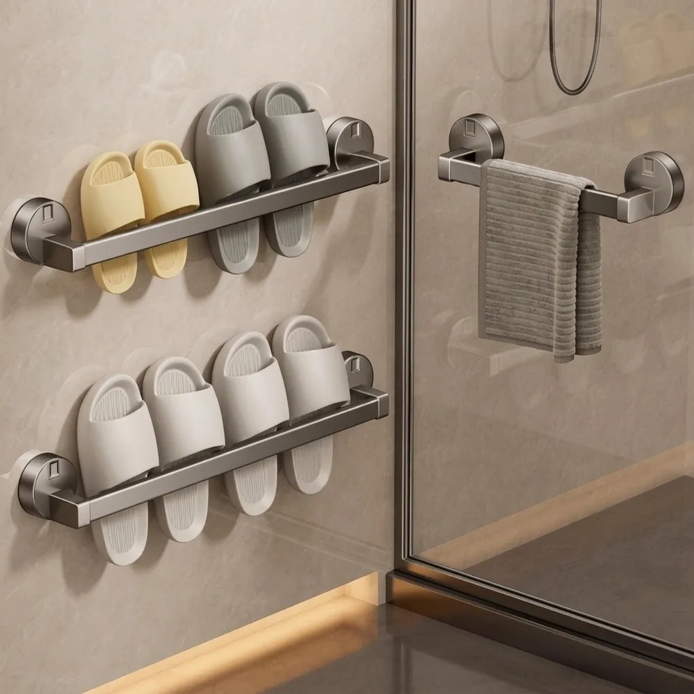 Two Piece Suction Cup Towel and Slipper Holder Set for Bathroom Wall Mounting Includes 30cm and 50cm Bars for Flexible Placement