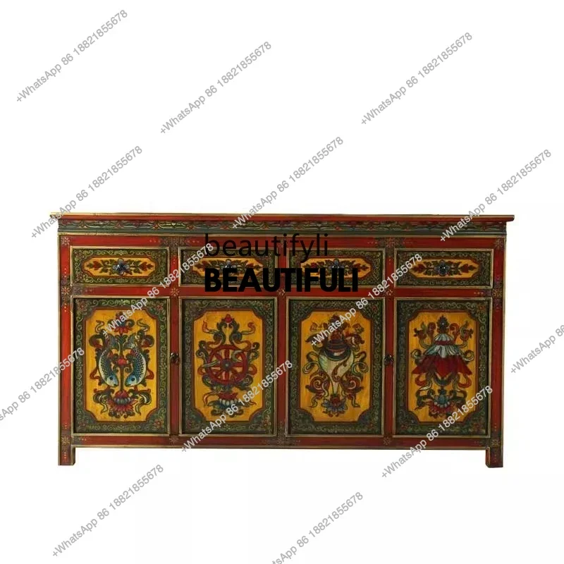 ss8350 Vintage painted, side cabinet, Tibetan-style solid wood painted porch cabinet, storage, Chinese locker
