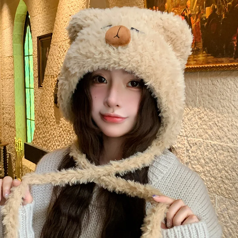 

Autumn Winter New Sweet Knitted Woolen Hat Capybara Plush Lace Up Hoody Balaclava Riding Skiing Cold Proof Lei Feng Hat