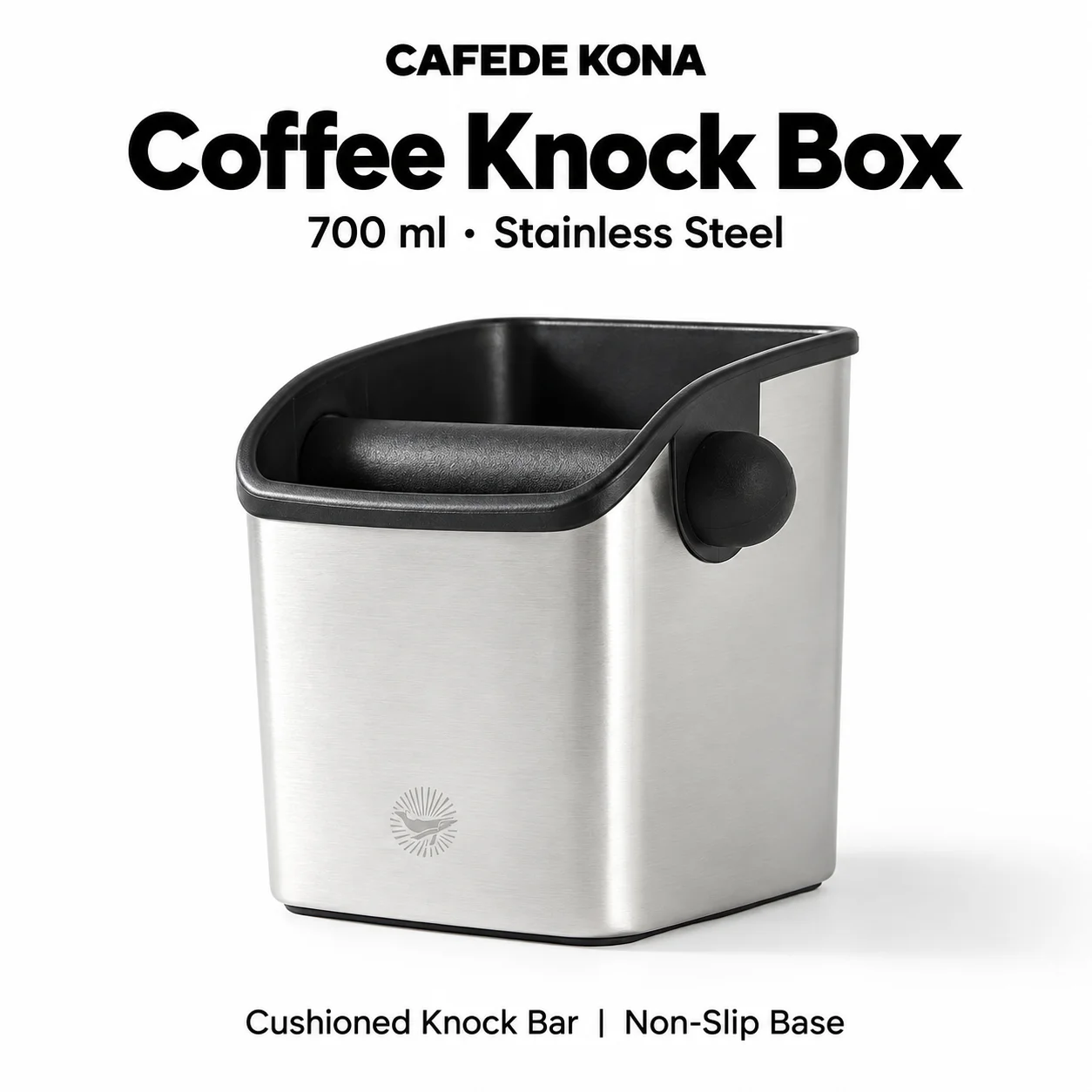 CAFEDEKONA Coffee Knock Box, Stainless Steel, 700ml, Oblique Mouth, Rubber Rod, Large Capacity, Non - Slip Base, for Home Use