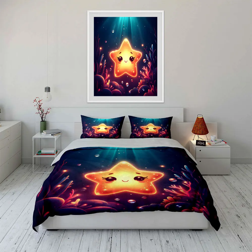 Smiling glowing starfish underwater scene Pattern Duvet Cover Set Digital Print Colorful Polyester Bedding with Zipper Closur