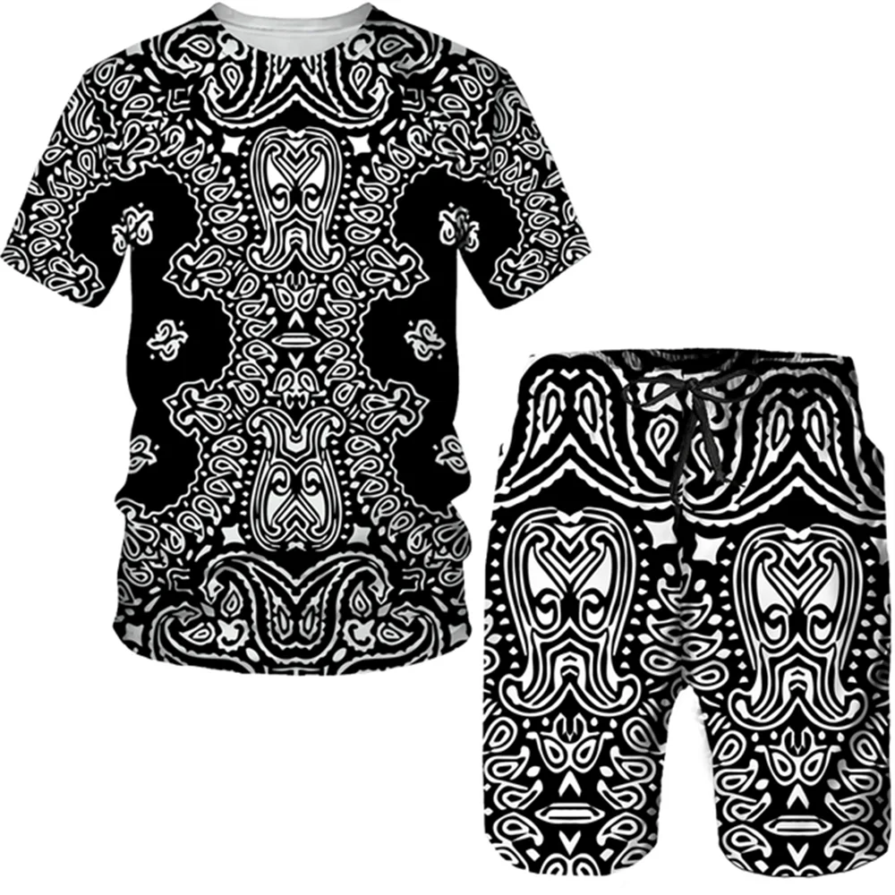 Summer 3D Printed T-shirt Shorts 2-Piece Casual  Luxury Retro Gold Pattern Men\'s  Sports Suit Fashionable 2023 Street Men\'s Wear