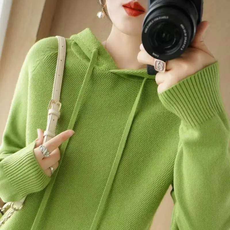 Hooded Sweater Woman Autumn Winter Long Sleeve Warm Bottoming Shirt Solid Casual Pullovers Knit Tops Korean Fashion Jumper 2026