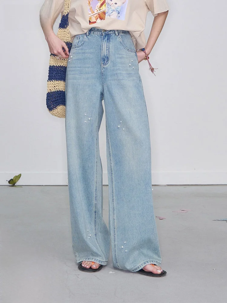 

Light Blue Pearl Embellied Heavy Du Pearl Straight Leg Jeans Women's Spring Versatile High Waist Zipper Closure Loose Fit