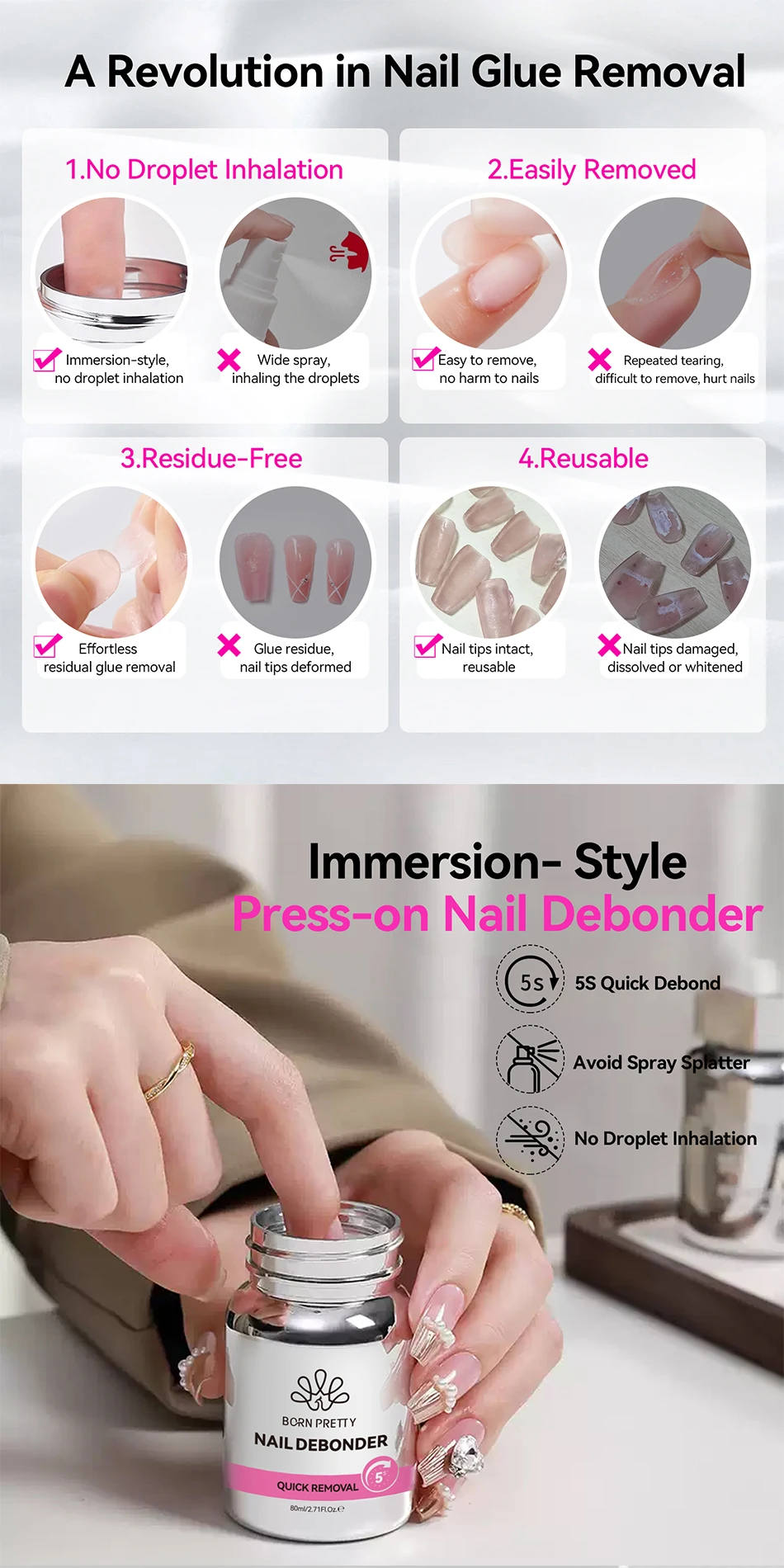 BORN PRETTY 80 ml Press-on Nail Debonder Glue Remover für gefälschte Nagelspitzen 5S Schnelle Entfernung Kein Schaden an Nägeln und Spitzen Kleberwerkzeuge – Detail 2