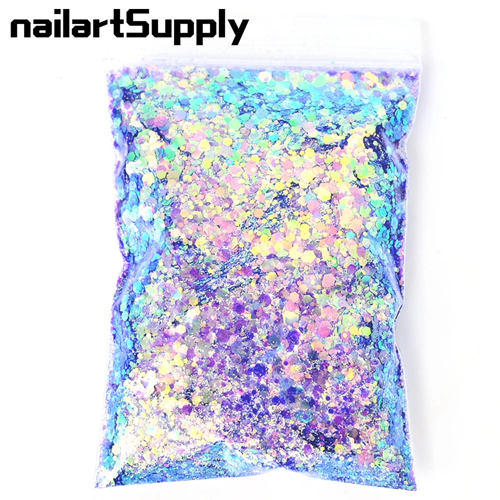 50G Holographic Mixed Hexagon Shape Chunky Nail Glitter Chameleon Sequins Laser Sparkly Flakes Slices Manicure Art Decoration #M