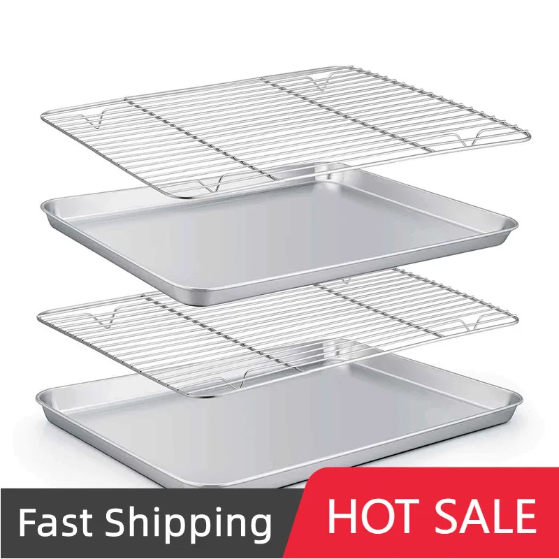 304 Stainless Steel Food Tray With Cooling Rack BBQ Grid Nonstick Cake Pan Outdoor BBQ Tray Fruit Pastry Plates Kitchen Tools