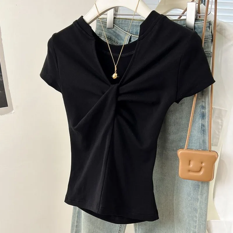 

2025 New Summer V Neck Pure Cotton Slim Fit Sweet Fresh Short Sleeve T Shirt Fashionable Temperament Women Y2K Style COAT