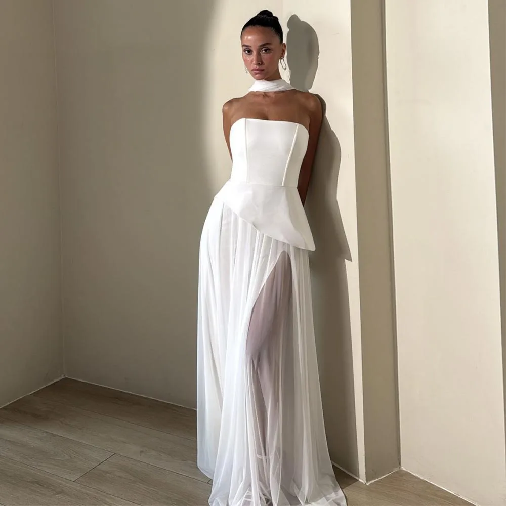 

Современные вечерние платья для женщин 2025 Элегантное вечернее платье трапециевидной формы без бретелек с шарфом цвета слоновой кости из шифона с боковым разрезом Простое платье для выпускного вечера