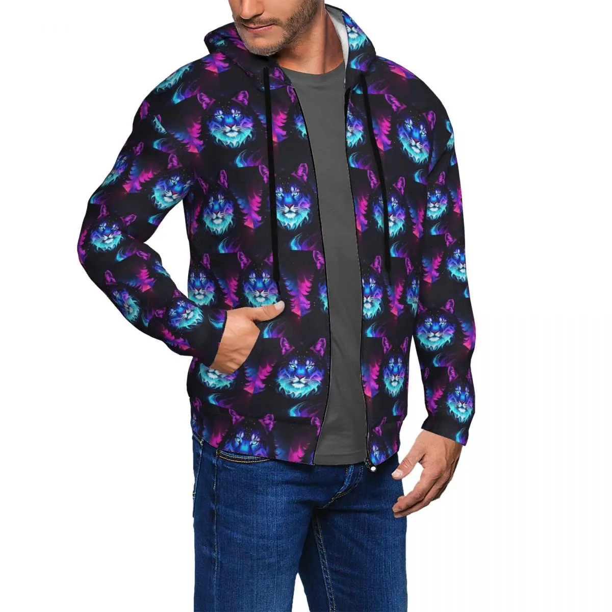 Cosmic Neon Tiger Spirit Space Galaxy Wolf Lion Face Zipper Hoodie Hip Hop Pullover Autumn Winter Sweatshirt Long Sleeve Tops