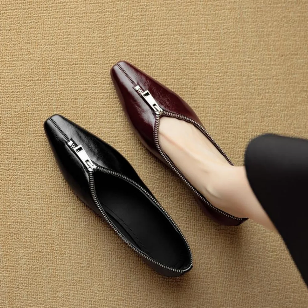 

Wine Red Leather Women Flats Square Toe Zipper Formal Dress Business Creepers Chic Black Shallow Slip On Sapatos Femininos