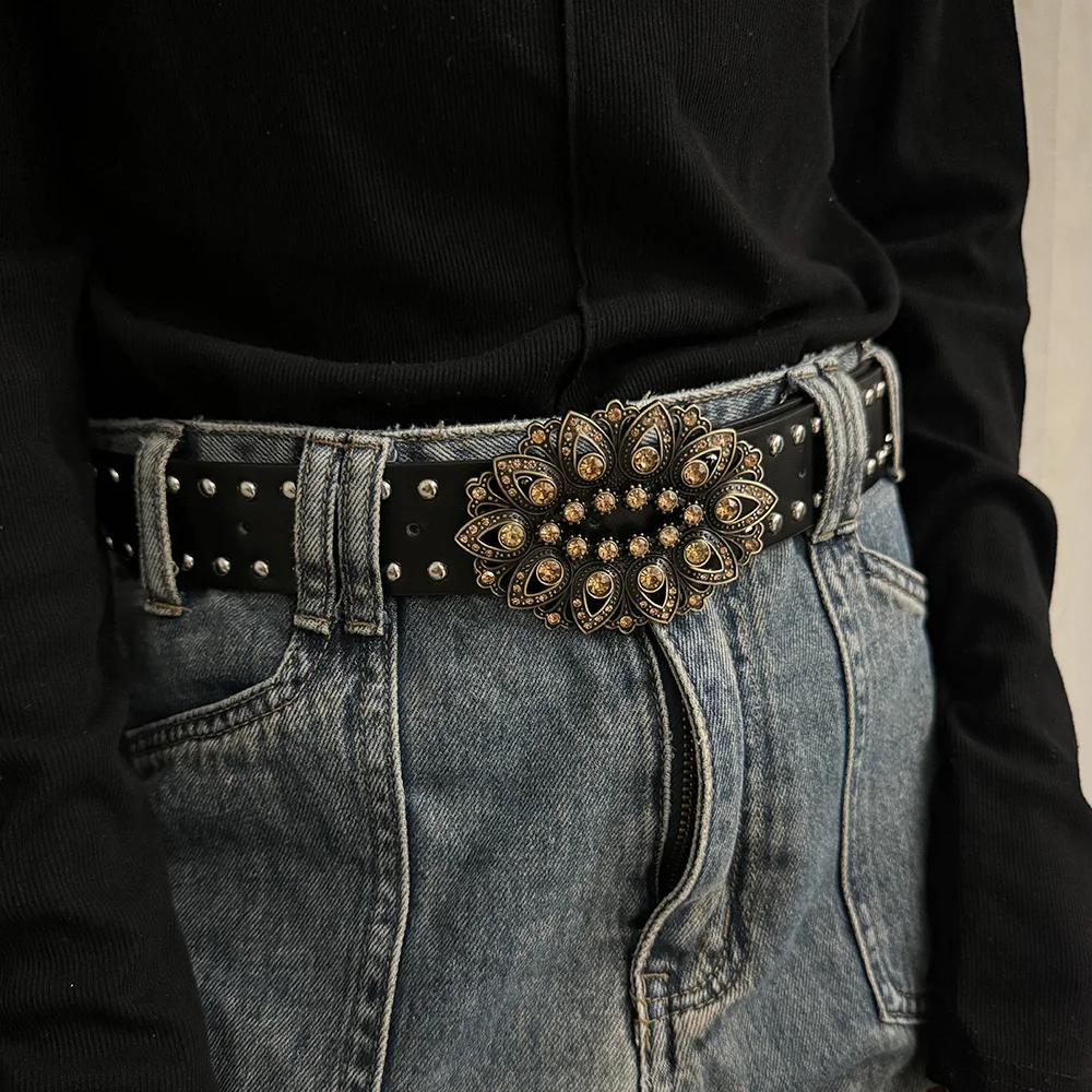 Unisex Jeans Belt Male Gothic Punk Y2k Designer Belts For Women Golden Rhinestone Flora Plus Size Rivet Black Men's Belt Female