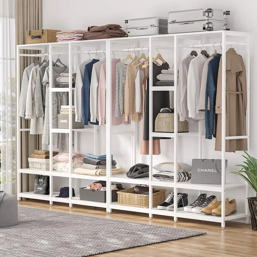 Double Rod Free Standing Closet Organizer, armazenamento de roupas com prateleiras, Garment Rack, Heavy Duty, Roupeiro