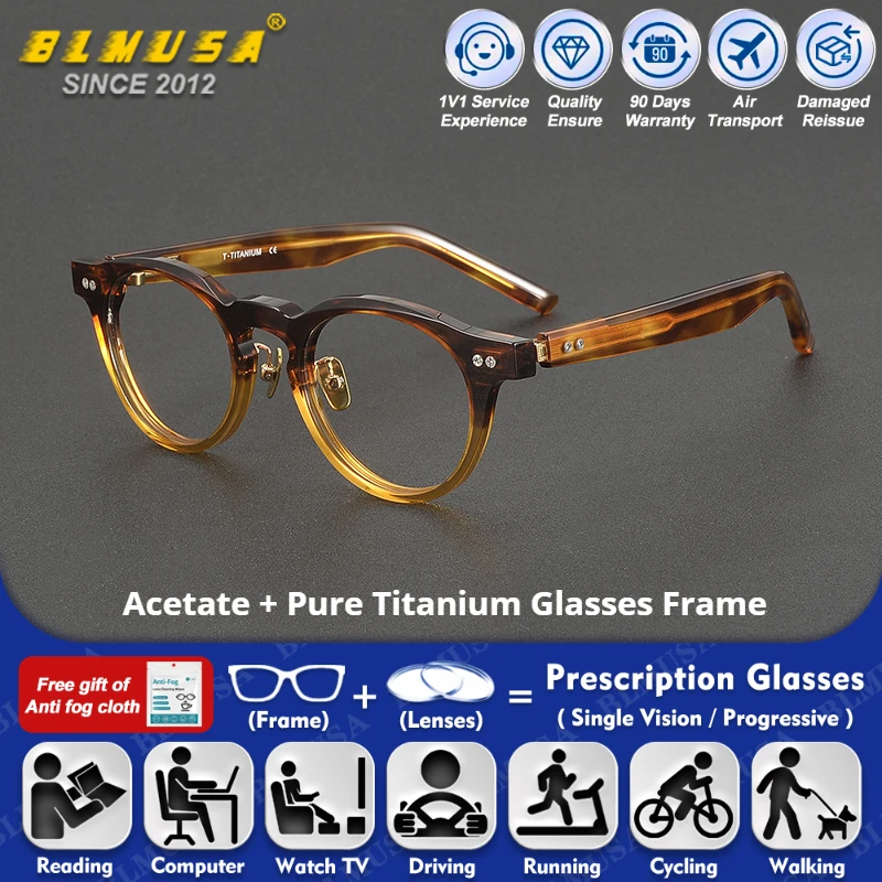 

BLMUSA (S) Trendy Gradient Acetate Oval Frame Men Women Anti Blue Ray Photochromic Glasses Pure Titanium Reading Optical Eyeware