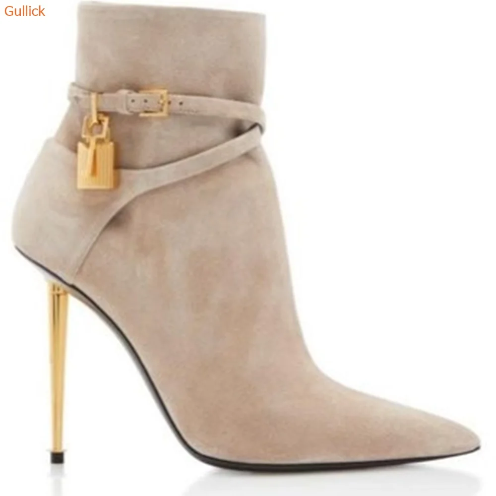 Solid Color Pointed Toe Ankle Boots Gold Lock Metal Heel Stiletto Heel 10CM Women Patent Leather Suede Short Boots 44 SIZE