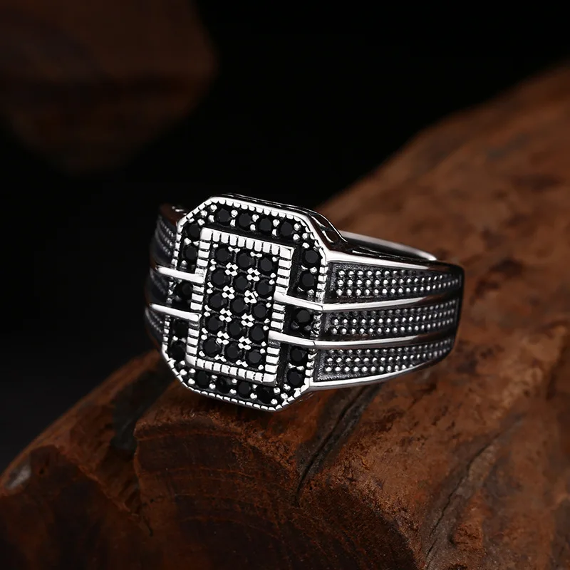 S925 Sterling Silver Black Zircon Adjustable Ring Punk Style Hip Old Process Free Size Fine Jewelry FYRNG114