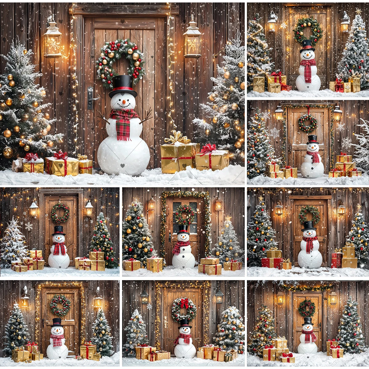 Tło fotograficzne świąteczne z motywem bałwana, zimowe drewniane drzwi, choinka, szalik, prezent, wieniec, portrety dziecięce, dekoracja, tło do studia.