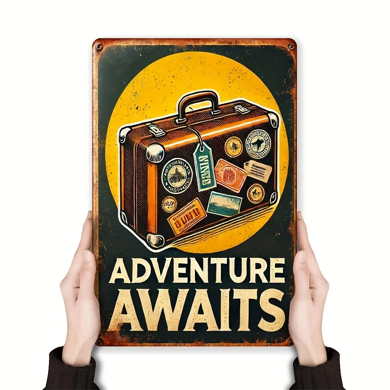Vintage Adventure Awaits Metal Wall Sign –  Retro Travel Poster with Suitcase,Compass Design, Rustic Iron Decor for Home, Offic