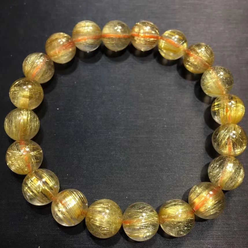 

Natural Gold Rutilated Quartz Round Beads Bracelet Women Men Brazil 9.5mm Rutilated Cat Eye Wealthy Stone AAAAAA