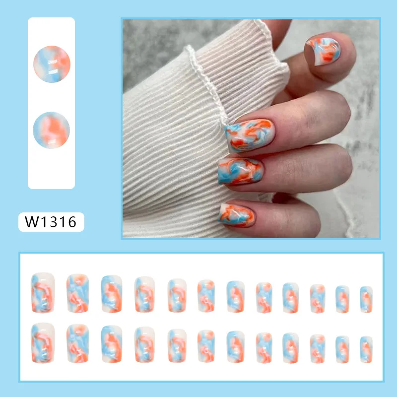 

24Pcs Medium Oval Press on Nails - Sunset Ombre from Blue to Orange Gradient | Tropical Sunset Style with Application Tool