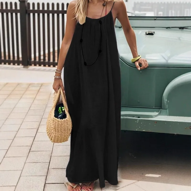Vestido de verano para mujer de tiras finas, corte holgado, casual para casa, color liso, vacaciones frescas 3