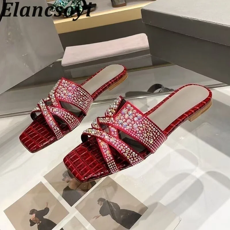 Slippers Women's Square Toe Hallow Outs Lazy Sandals Summer Fashion Shiny Rhinestone Flat Slippers Outdoor Vacation Beach Shoes