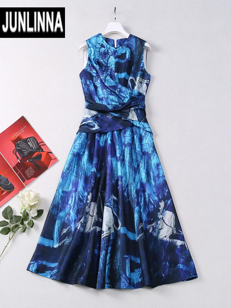 

JUNLINNA Fashion Runway Dresses Summer Women Satin Printing O-Neck Short Sleeveless Midi Princess Vestidos Sliming Lady