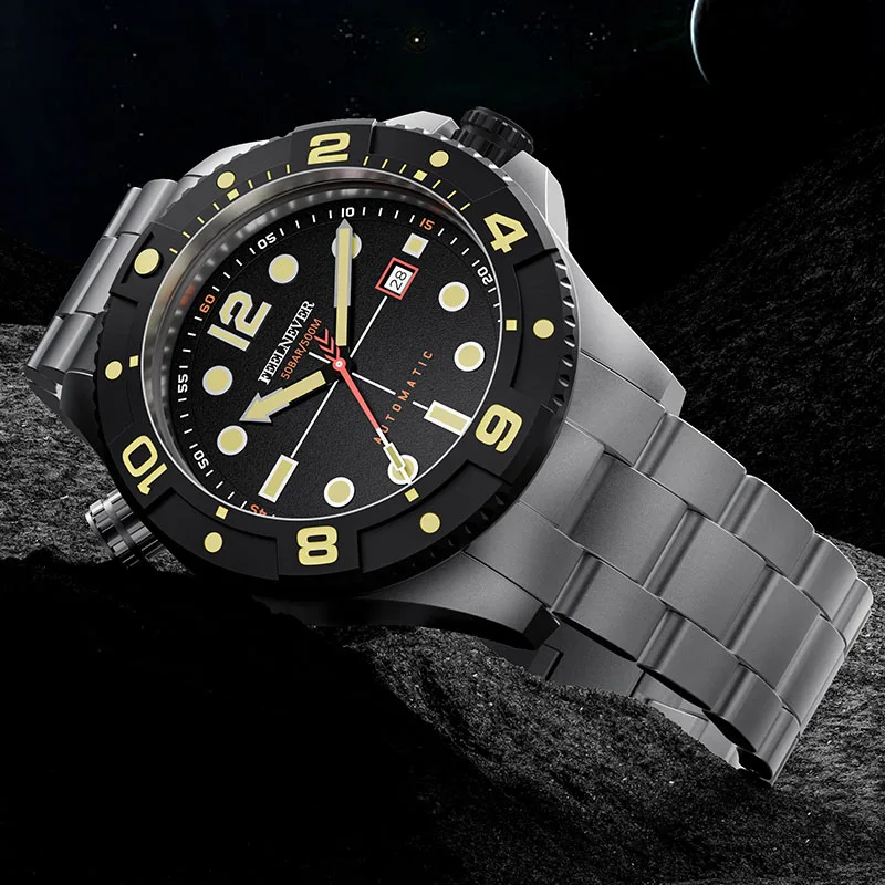 FEELNEVER ساعة أوتوماتيكية للرجال موضة الياقوت مقاوم للماء ساعة مضيئة الرجال الفولاذ المقاوم للصدأ ساعات المعصم الميكانيكية للرجال