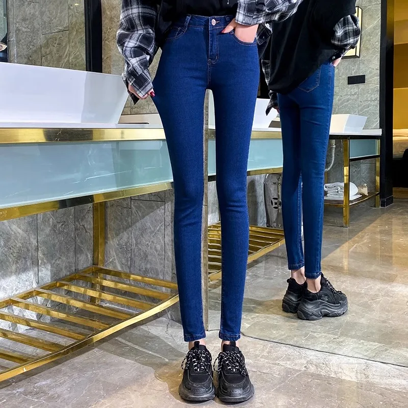 High Waist Pure Color Spring Autumn Korean Style Slim Fit Denim Pants Women's Elastic Skinny Student Base Layer Pencil Long T...