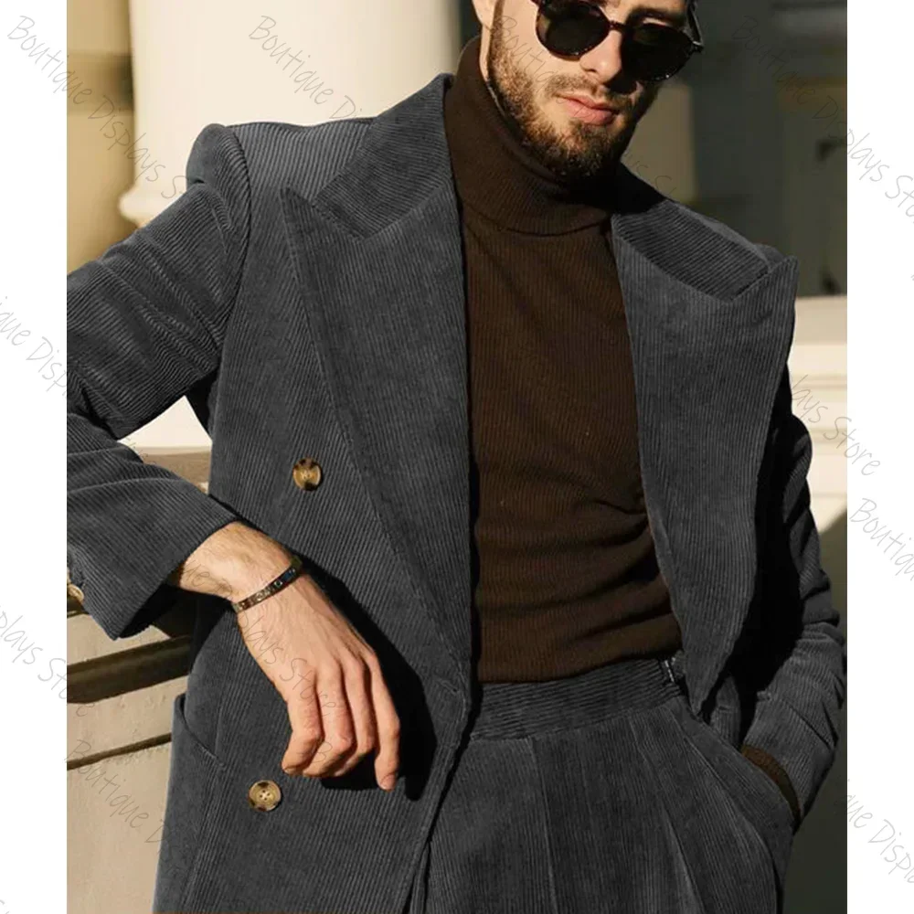 Chic Corduroy Men Suit Two Pieces Jacket And Pants Groomsman Party Costume Casual Comfortable Set