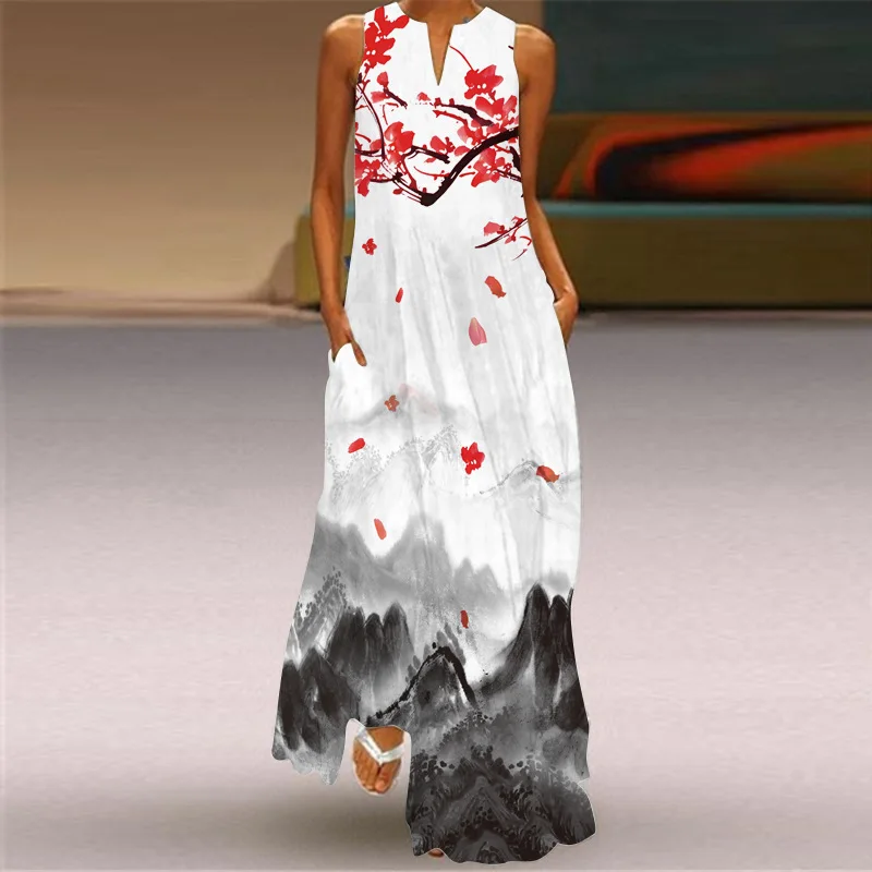 Fashion Sexy Illustration Printed Casual Sleeveless V-neck Modern Romantic Big Swing Dress Chinese Style Landscape Flower Dress