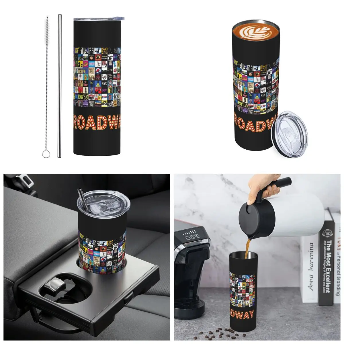 Broadway Musical Theatre Logos - Hand Drawn Stainless Steel Tumbler Vacuum Insulated Mug Thermal Cold Bottle Straws With Lid