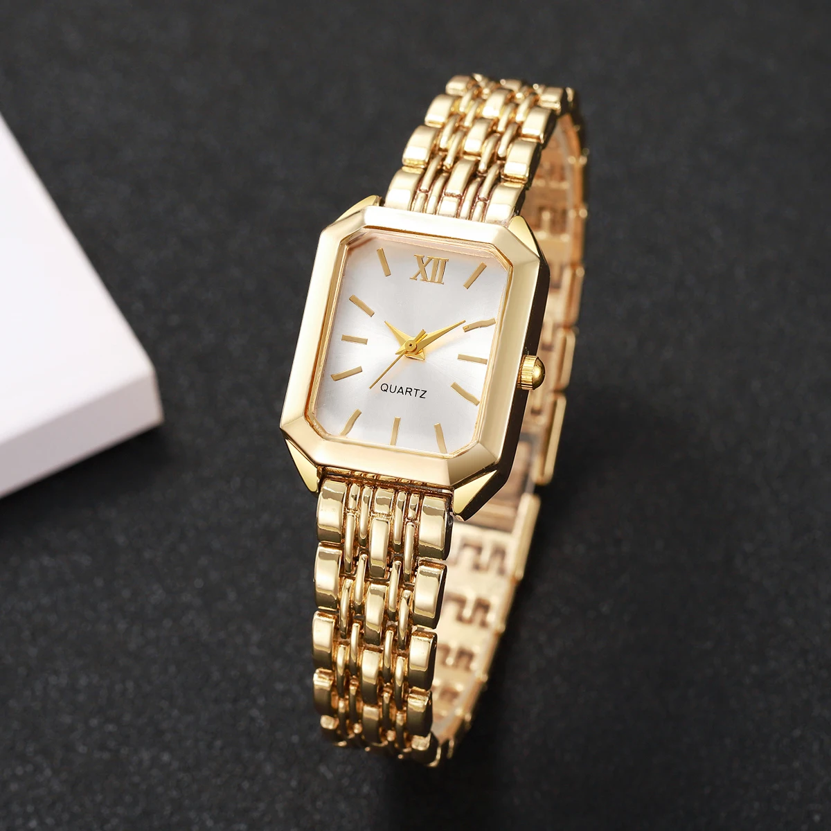 6PCS/Set Fashion Roma Dial Women Watches Ladies Rectangle Quartz Wristwatch Rhinestone Jewelry Set Reloj Mujer (Without Box)