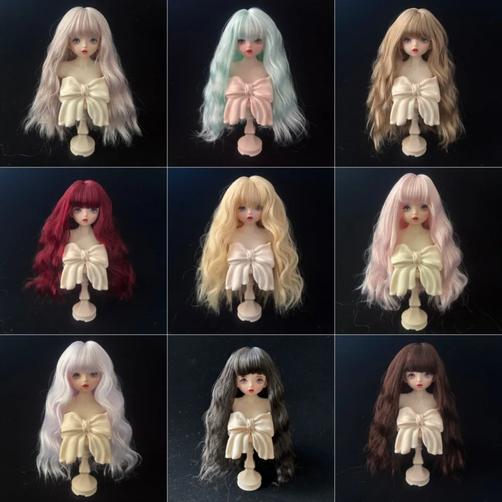 

1/3 1/4 1/6 BJD Doll Wig Multi-Color Long Wavy Doll Hairpiece Full Fringe Bangs Soft High Temp Silk Wig Dress Up DIY Craft Gift