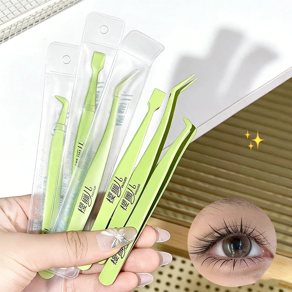 Kosmetische Clips Superharte Edelstahlpinzette Gepfropfte Wimpernpinzette Grüne Pinzette für falsche Wimpern für den Schönheitssalon