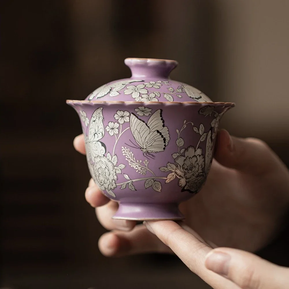 100ML Purple Ru Kiln Painted Silver Butterfly Love Flower Sancai Cover Bowl Tea Bowl Opening Can Raise TeaSet TeaBowl Pot Holder